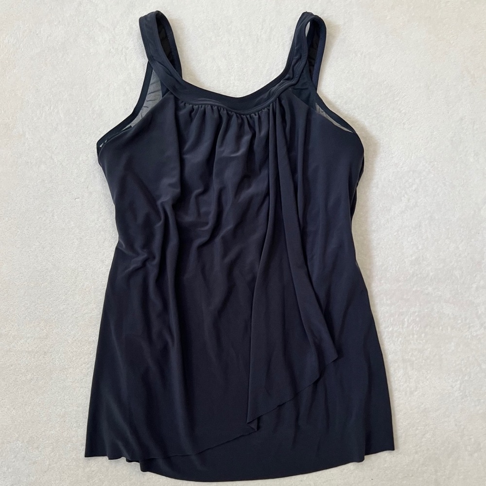 Miraclesuit Tankini Top Navy Blue Ursula Draped Mesh Underwire 10DD